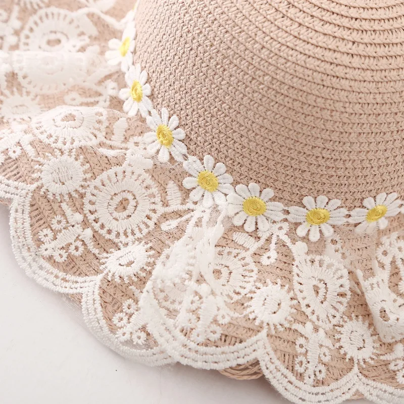 

Summer Flat Roof Eaves Beautiful Lovely Lace Little Flower Girl Straw Hat .