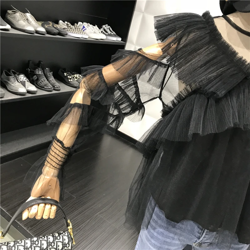 ALPHALMODA с длинным рукавом перспектива сексуальные женские осенние блузки с v-образным воротником гофрированные рукава Дамская мода шифоновый наряд рубашка
