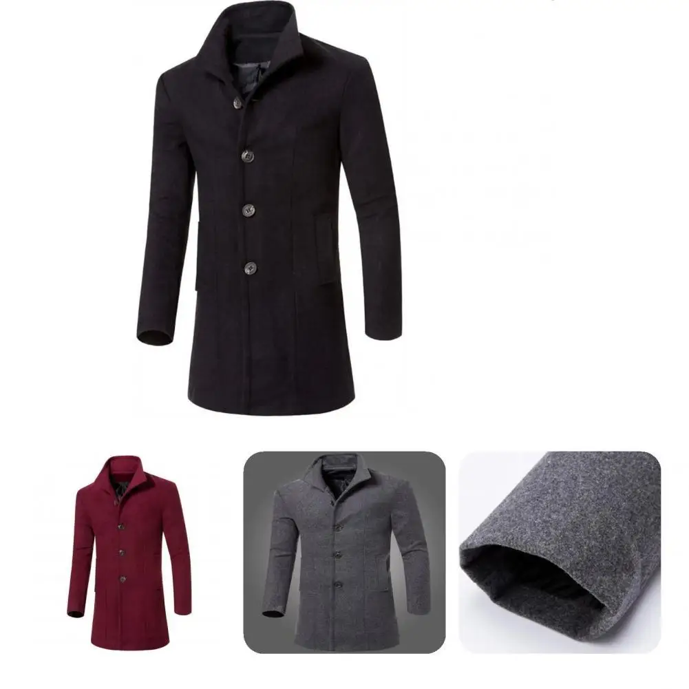 

Temperament Stylish Pure Color Warm Trench Coat Autumn Winter Men Trench Coat Buttons for Business