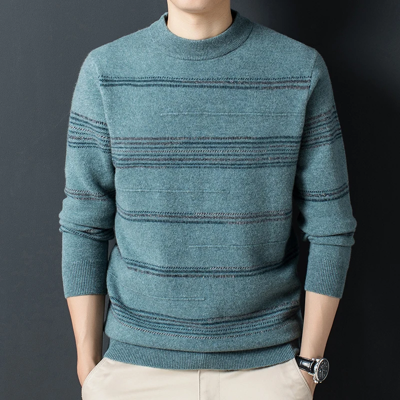 

Мужской свитер из 100% чистой шерсти утолщенная рубашка с круглым вырезом утолщенный теплый зимний свитер в полоску