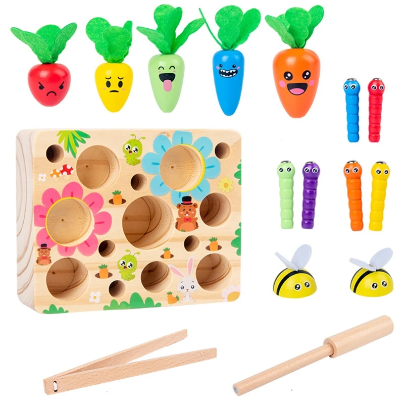 

Kids Montessori Toy Wooden Fishing Catch Worm Pulling Carrot Game 3D Fish Educational Toys