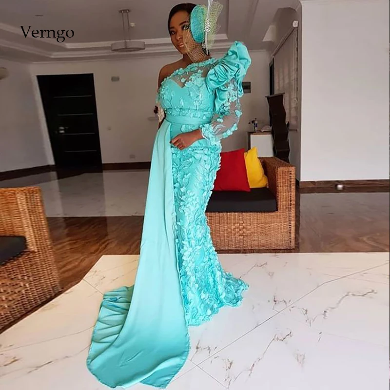 

Verngo Mermaid Dress Green Evening Dresses Long Sleeves Flower Lace Dress Prom Afghanistan Stylish Asoebi Style