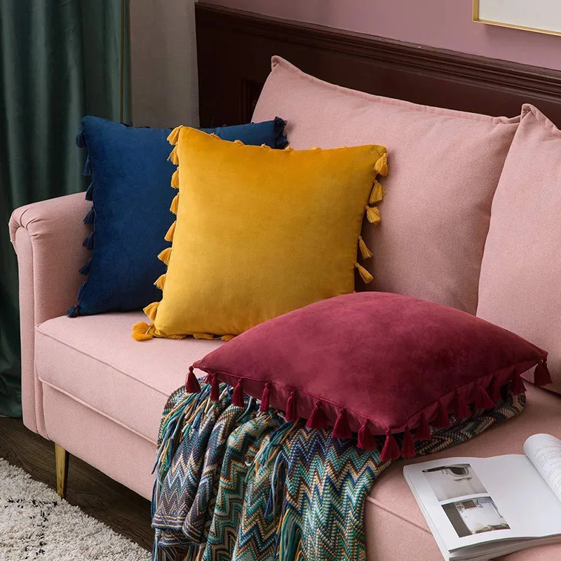 

1Pcs 45cm*45cm Velvet Cushion Covers Decorative Tassel Pillowcases for Sofa Bed Car Home Throw Pillow Case Plush Pillow Cover