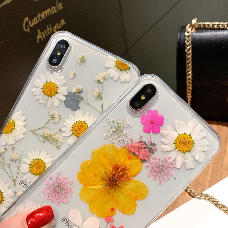 Чехол для телефона с высушенными прессованными цветами iPhone 11 X XS Max XR 6 6s 7 8 Plus Pro