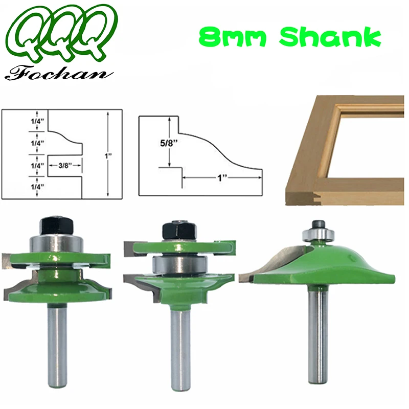 

QQQ 3pcs 8mm Large Stile & Rail Set-Ogee Bit Set Tenon Cutter for Wood Tungsten Carbide Woodworking Milling Cutters