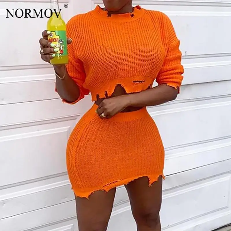 NORMOV Вязанный свитер мини юбка Женский комплект 2 шт. свободный длинный рукав