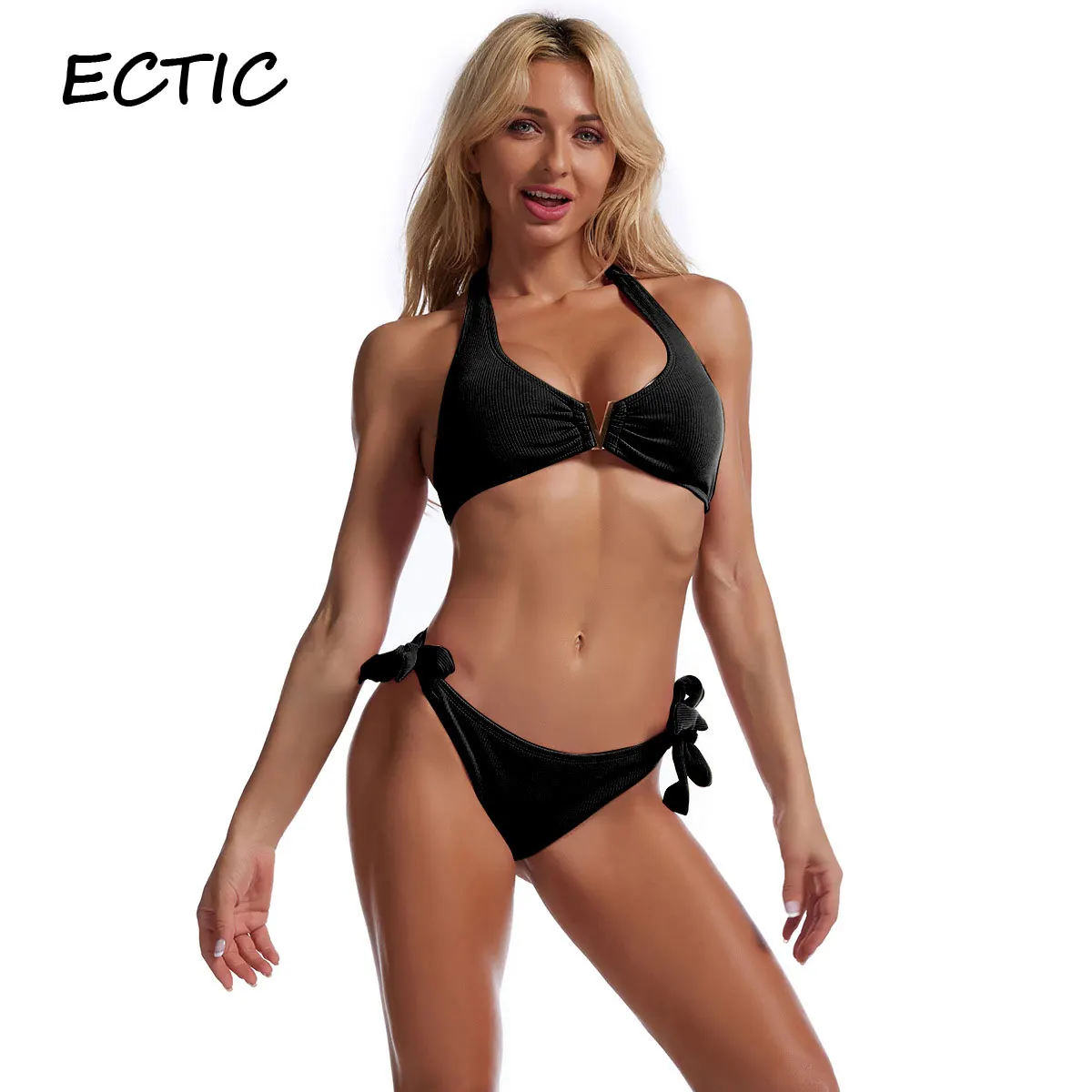 

Женский сексуальный бандажный комплект бикини ECTIC с глубоким V-образным вырезом, однотонный купальник пуш-ап из двух предметов, Новинка лета...