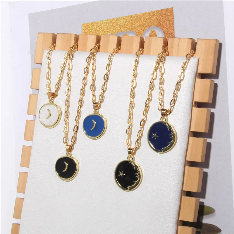 Painting Necklace For Women Moon Star Oil Drip Fashion Pendant Necklaces Long Chains Round Jewelry Friendship Gifts | Украшения и