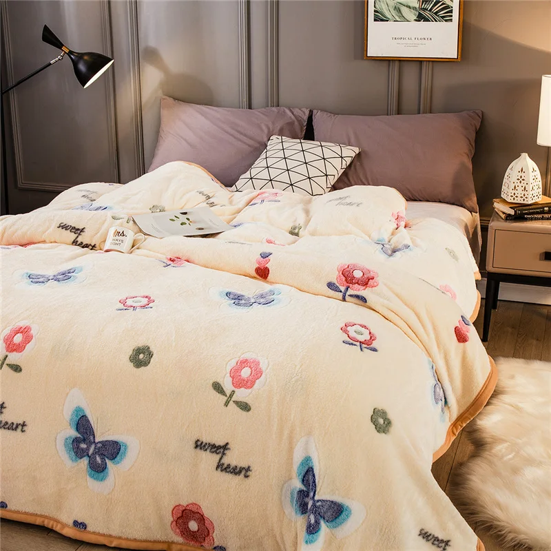 

4KG Double Layer Twin/Full/Queen/King Size Raschel Blanket Fluffy Chunky Large Mink Blanket Super Soft Floral Printed