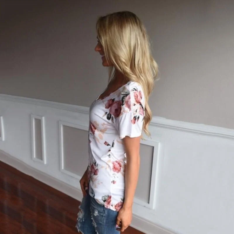 

Style Festivals Sexy V-neck Classics Comfort clothing Love Fall Print Tops T Shirt Tee Women Graphic Short Sleeve Floral Tees