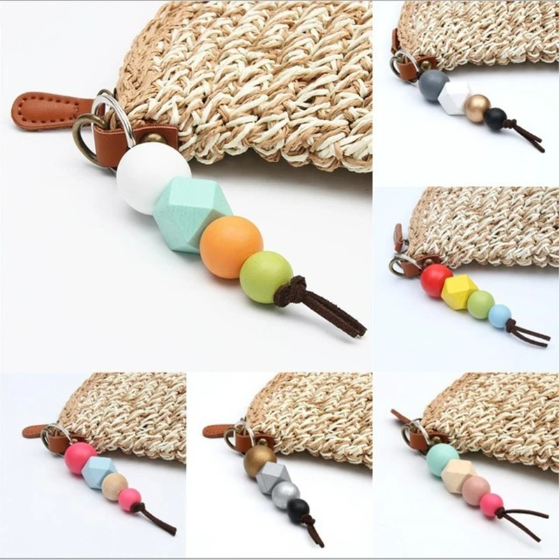 

Geometric Wooden Beads Keychains Bags Accessories Car Pendants Multi-color Round Beads+Octagonal Beads Zinc Alloy Ring 15cm-1PC
