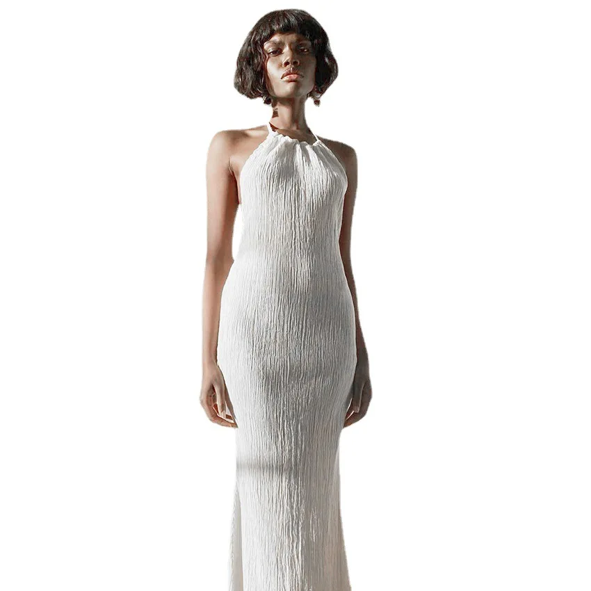 

New Style Halter Neck Sleeveless Pleated Dress Women's European and American Halter Slit Fashion Slim Long Dress