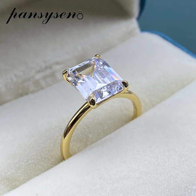 PANSYSEN bianco/giallo/oro rosa colore lusso 8x10MM taglio smeraldo AAA zircone anelli per le donne 100% argento Sterling 925 gioielleria raffinata