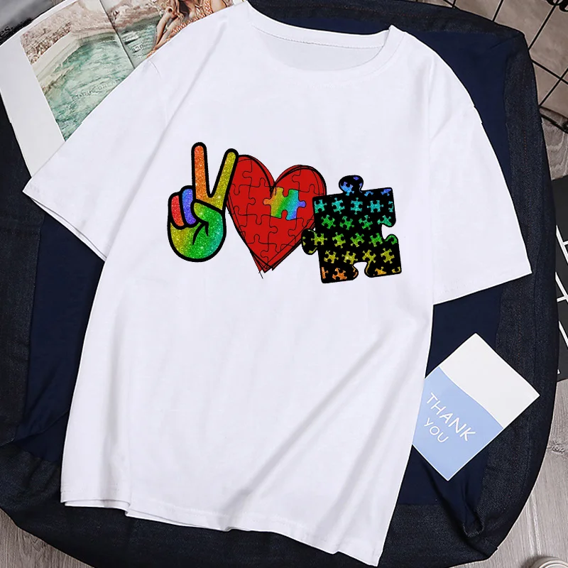 

Информации о проблеме аутизма мама милые аутизма Peace Love аутизма Футболка с принтом свободная футболка каваи футболка Для женщин 2021 Футболка...