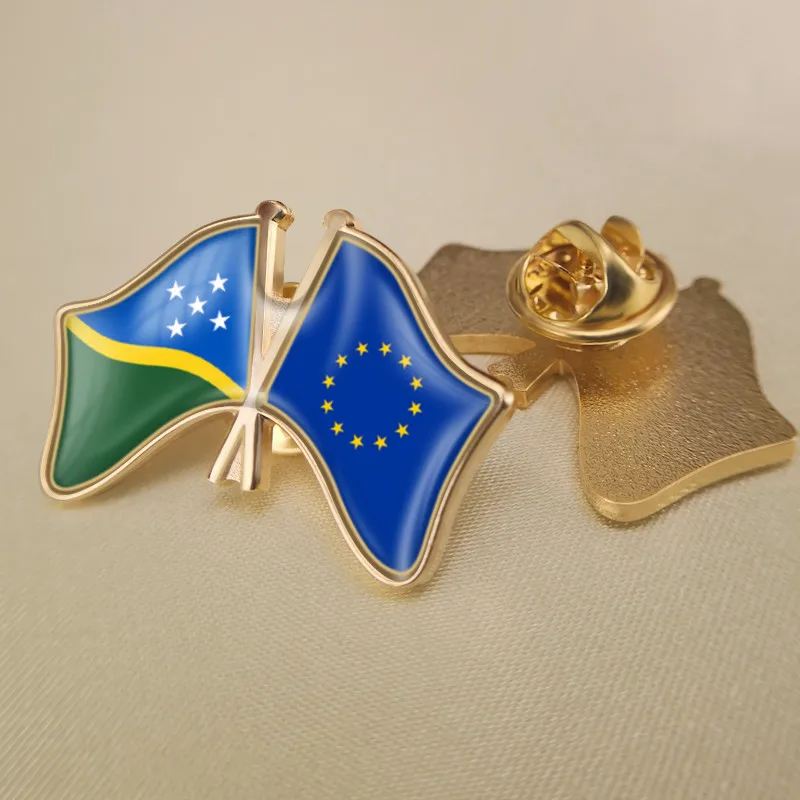 

European Union and Solomon Islands Crossed Double Friendship Flags Brooch Badges Lapel Pins