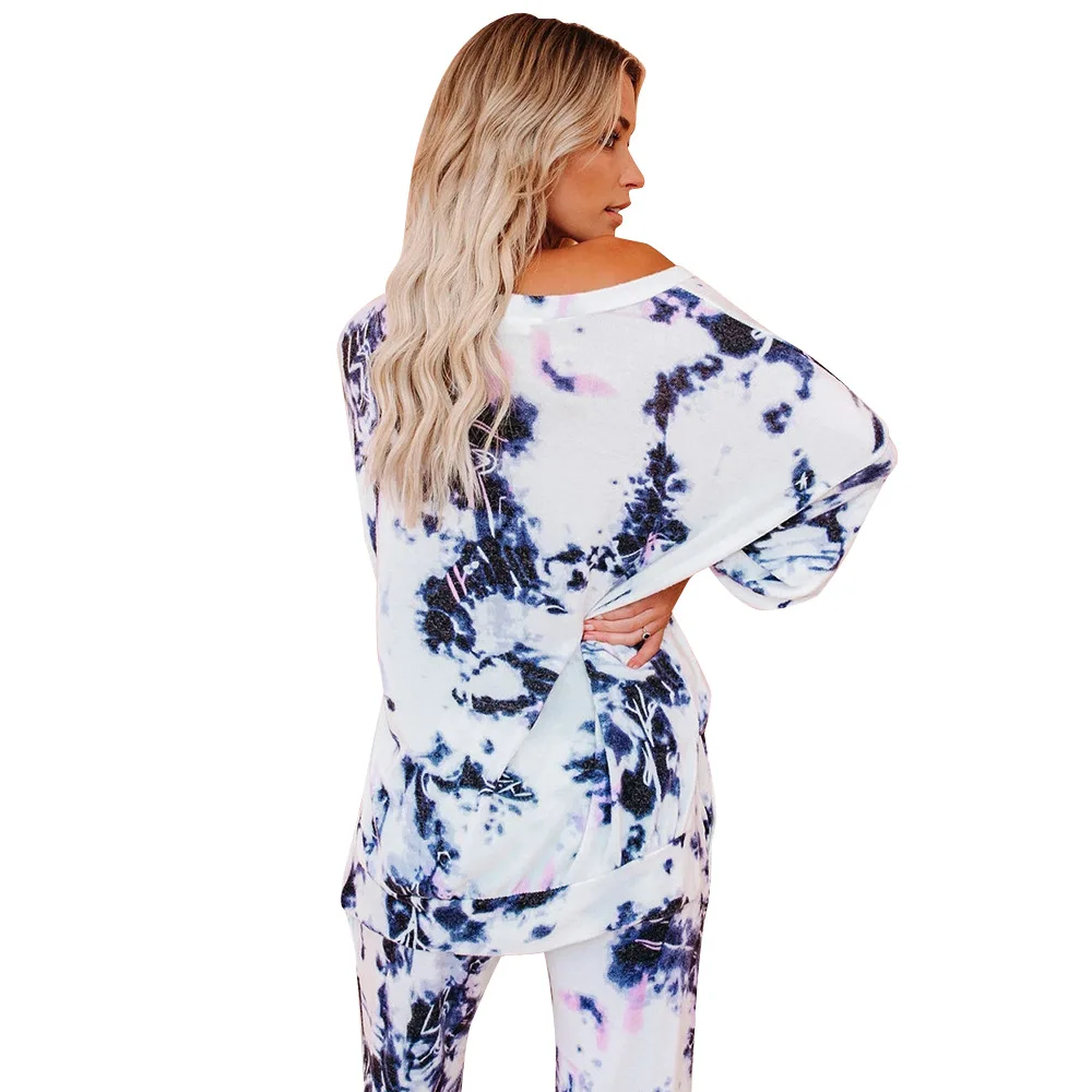 Женский домашний костюм с длинным рукавом и брюками темно-синий повседневный из