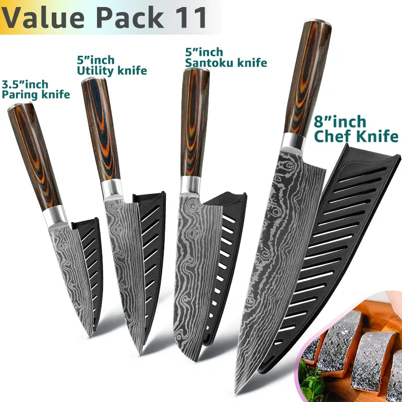 Value Pack 11 Набор кухонных ножей поварские ножи 7CR17 440C из высокоуглеродистой нержавеющей стали дамасский нож для нарезки мяса сантоку набор из 5 предметов - Цвет: Value Pack 11