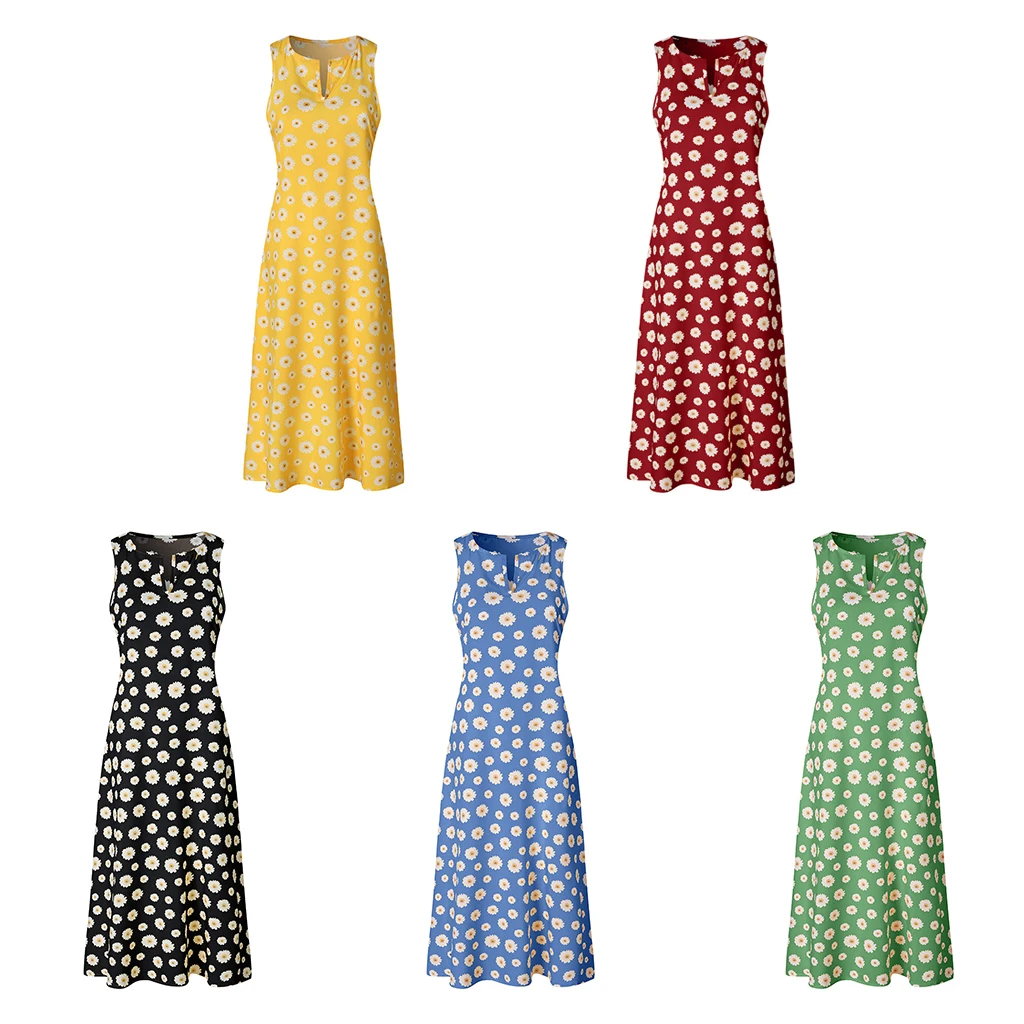 

Women Summer Daisy Print Dress, Sleeveless V-Neck Ankle Length Dress with Side Pocket