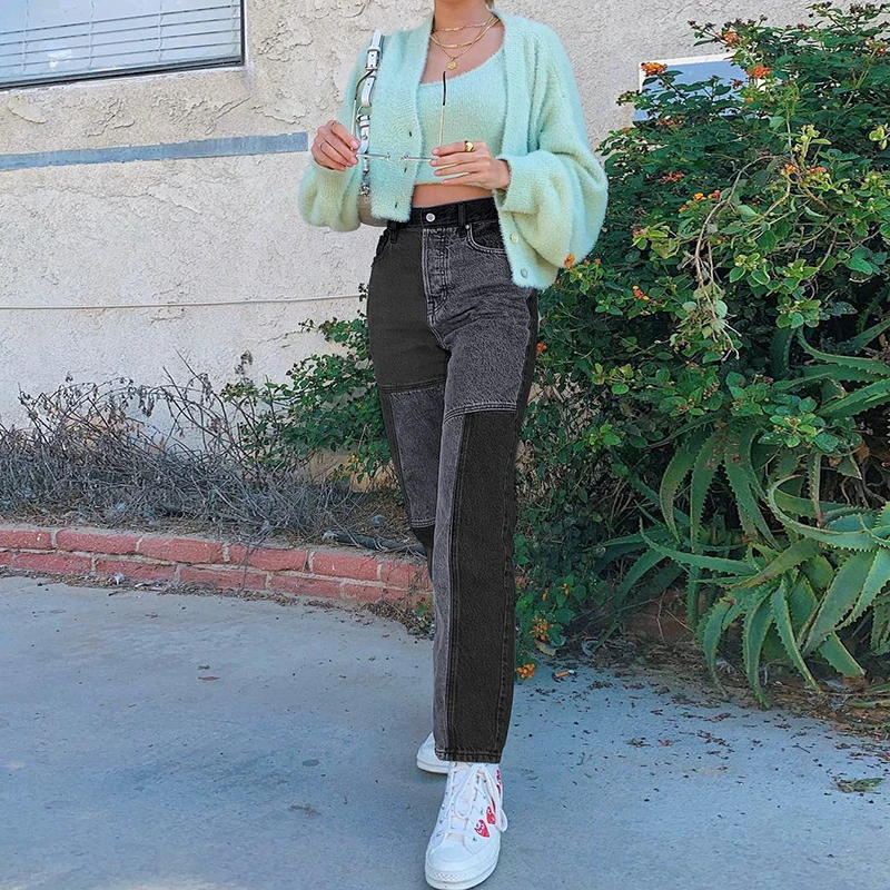 

2021 Patched Blue Woman Jeans Fashion New Trend Casual Full Length High Waist Vintage Denim Y2K Pant Streetwear