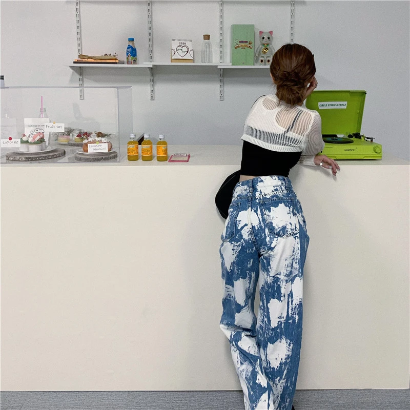 

Blue/black Loose Straight Wide Leg Pants Vintage Women Jeans Tie Dye High Waist Sweatpants Harajuku Korean Denim Pantalon KZ742