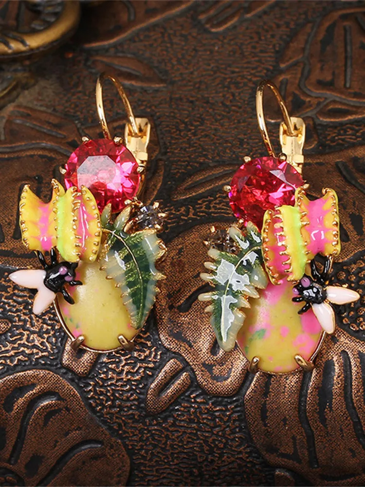 

European and American Petty Bourgeoisie Style Enamel Glaze Man-eating Grass Bugs Color Turquoise Earrings Ear Clips Female