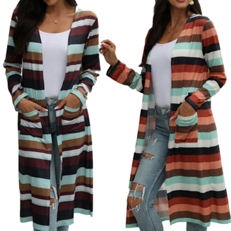 

new Fashion Women Knitted Vest Cardigan Colorful Stripe Printed Long Sleeves Smock Loose Coat Жилет Женский Теплый