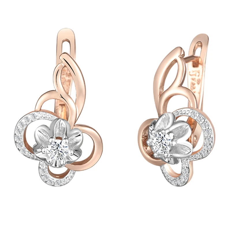 Женские серьги-подвески FJ с белыми цветами цвета розового золота 585 пробы |