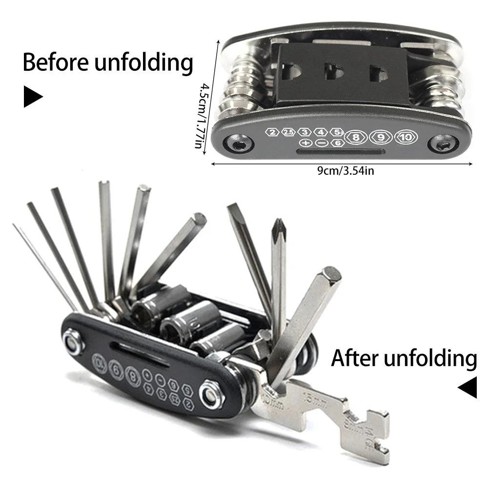 

Multifunction 16 In 1 Bike Bicycle Repairing Set Repair Tools Kit Hex Wrench Nut Tire Repair Tools Folding Emergency Repair Tool