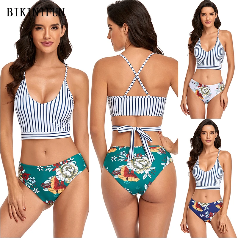 

New Sexy Striped Print Swimwear Women Floral Beachwear Cross Back Swimsuit S-XL Girl High Waist Bathing Suit V Neck Bikini Set