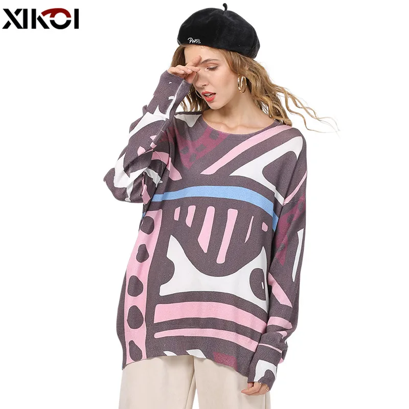 Новинка Свитера XIKOI с ретро-принтом для женщин зимние теплые пуловеры длинным