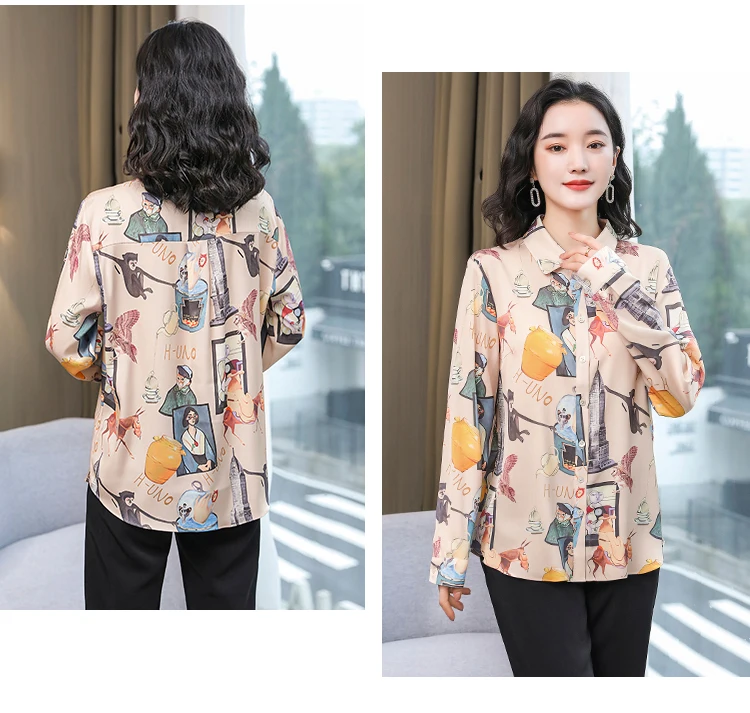 

Women's blouses Printing Top Shirt New Fashion Blouse Casual Lapel Wire Loose Retro Spring and Summer Long-sleeved