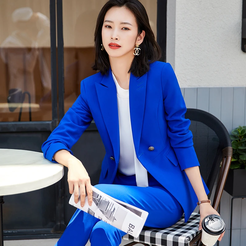 

Деловая форма, дизайнерские брючные костюмы с брюками и куртками, пальто, Элегантные Синие офисные блейзеры для осени и зимы
