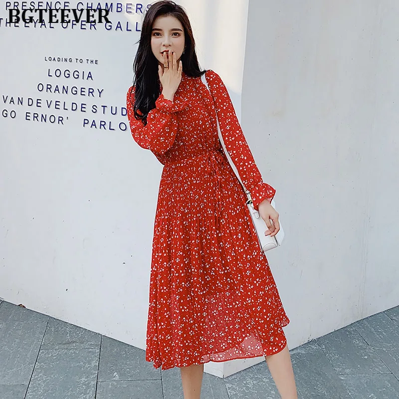 BGTEEVER женское плиссированное платье со стоячим воротником и цветочным принтом с