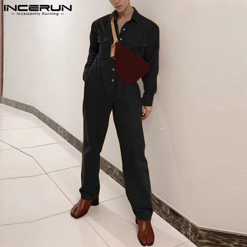 

2021 Men's Jumpsuits Lapel Long Sleeve Streetwear Pockets Cargo Overalls Button Solid Color Fashion Men Casual Rompers INCERUN 7