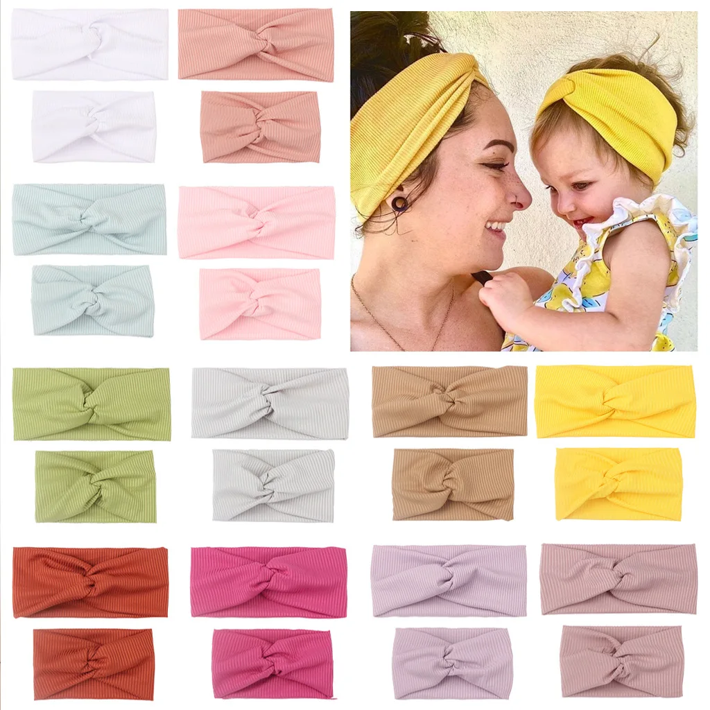 2PCS/Set Mom Mother & Daughter Kids Baby Girl Bow Headband Solid color head Hair Band Accessories Parent-Child family Headwear