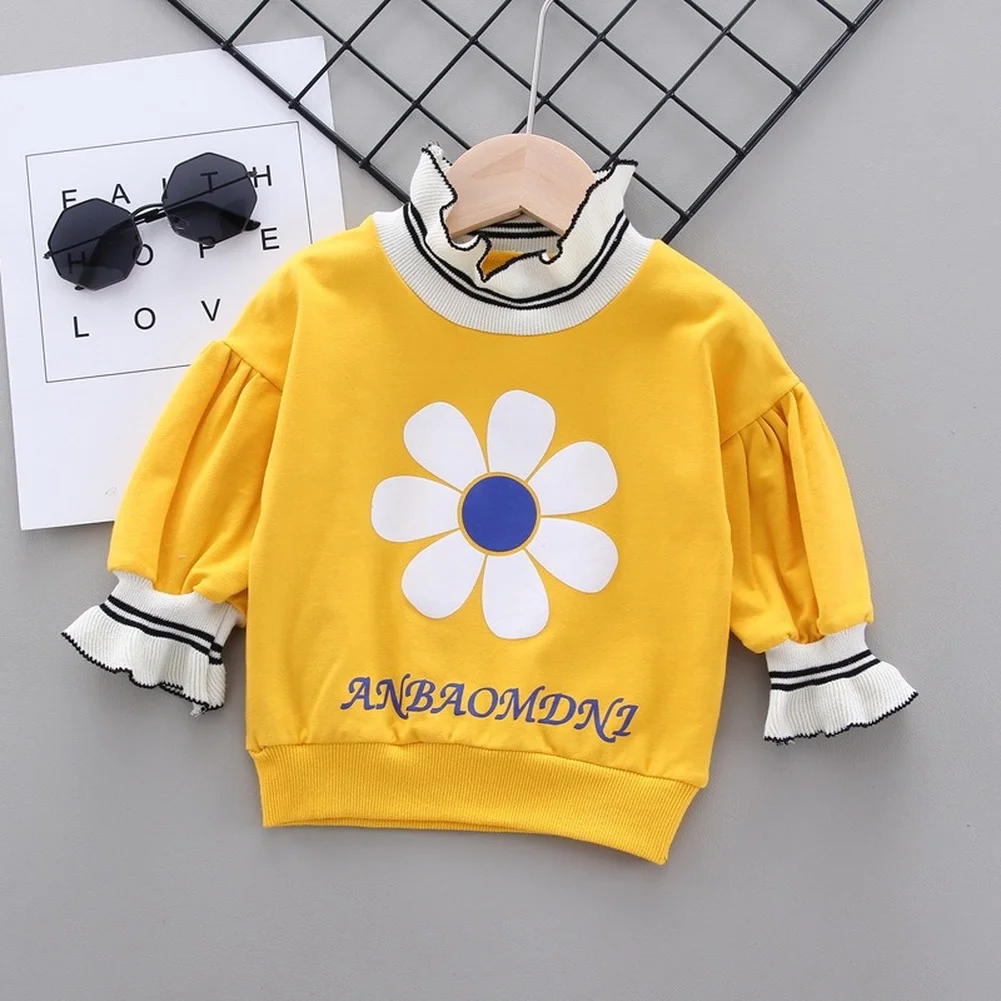

Girls Puff Sleeve Sweater Tops Solid Color Children Korean Spring Autumn Fashion Clothes Streetwear High NeckLongSleeveTop 1-5 Y