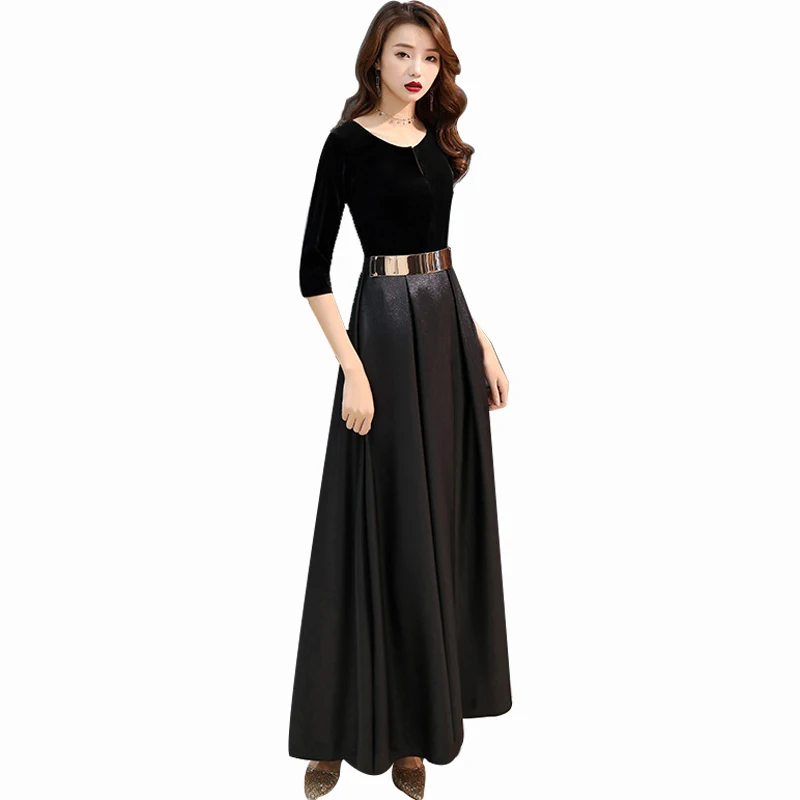

Black Robe De Soiree It's Yiiya AR454 Elegant Three Quarter Sleeve A Sleeve Evening Dress Plus Size O-neck Long Evening Gowns