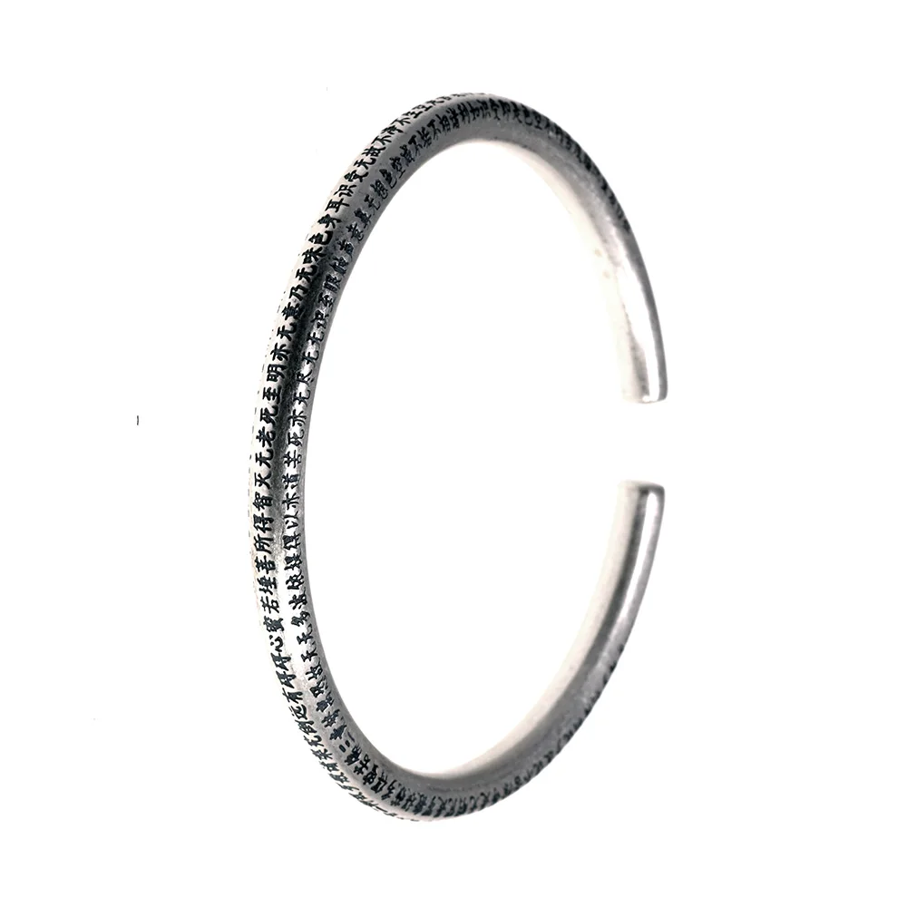 

999 Pure Silver Bangles for Women Heart Sutra Buddhist Scriptures Engraved Mother Lover Gift Fine Sterling Silver Jewelry