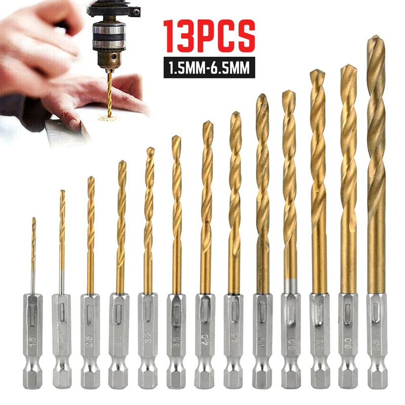 

JINRUI Titanium plated twist drill for hexagonal shank Titanium plated wood 13PCS Wind batch set HSS twist drill 1.5mm - 6.35mm