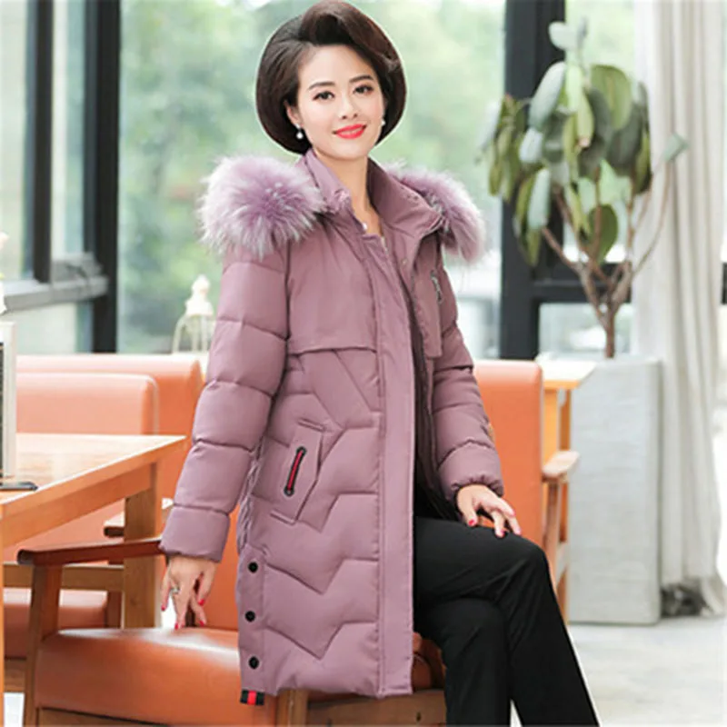 Middle age clothing New warm Cotton clothing coat Large size 5XL Women's winter jacket with hat fur collar Down cotton clothing