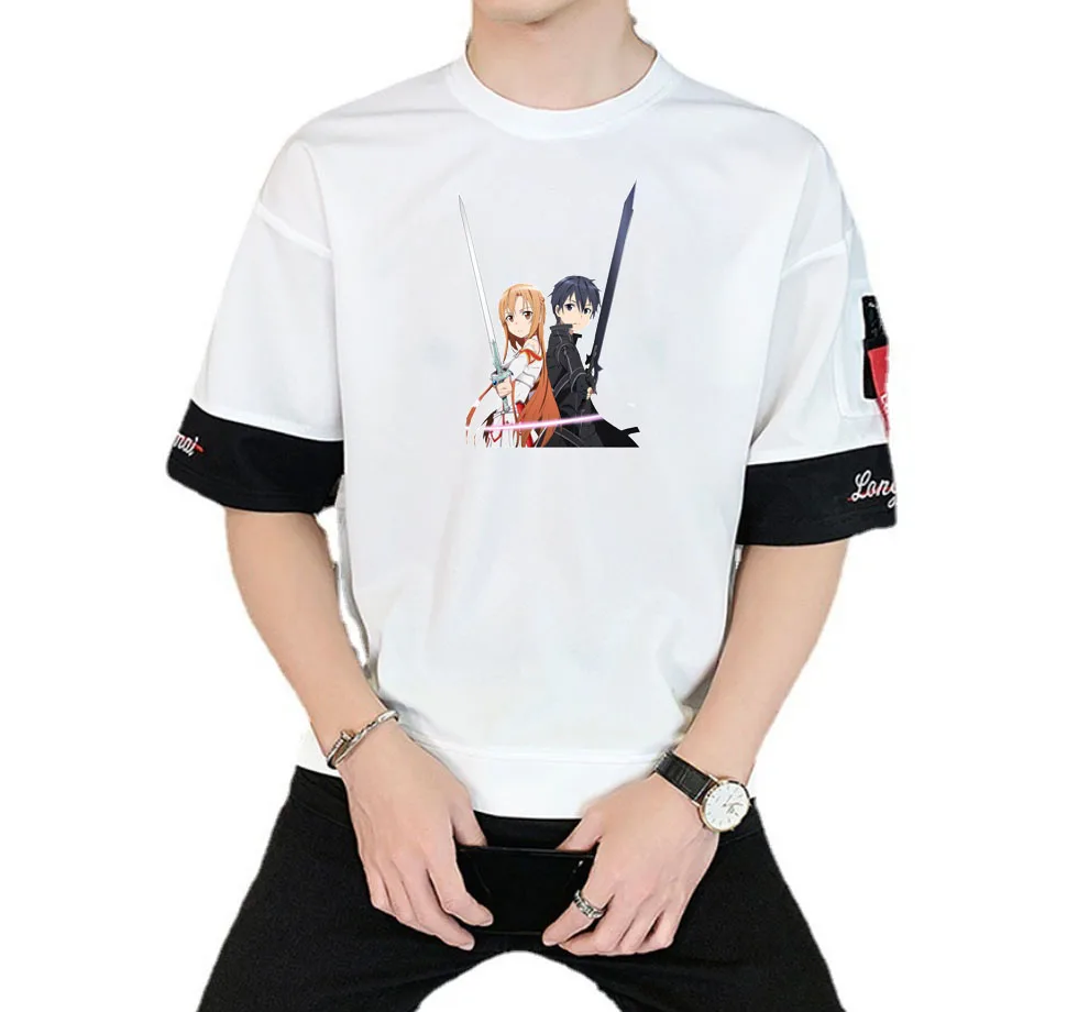 

Футболка унисекс с изображением аниме меча онлайн, Повседневная рубашка с коротким рукавом для подростков, косплей мультяшный рисунок, на л...