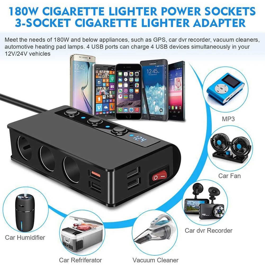 Quick Charge 3.0 Cigarette Lighter Splitter 12V - 24V 3 Socket 180W ON-OFF DC Power Adapter Car 4 Port USB Charger | Автомобили и