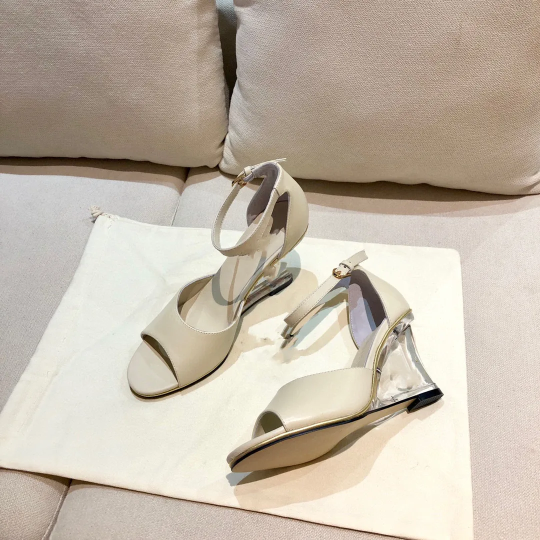 

Prowow 2021 wedged-heel shoes New chunky crystal heel leather shoes for women with open-toe heels real leather