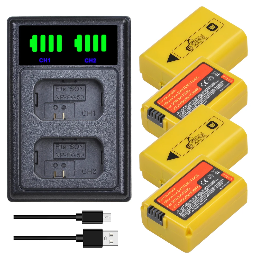 

2160mAh NP-FW50 Battery for Sony Alpha a6500 a6300 a6000 a5000 a3000 NEX-3 a7R ZV-E10 ZVE10, Dual USB Charger for NPFW50