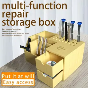 the newest multifunctional wooden storage box screwdriver tweezers holder mobile phone repair desktop storage tool parts box free global shipping