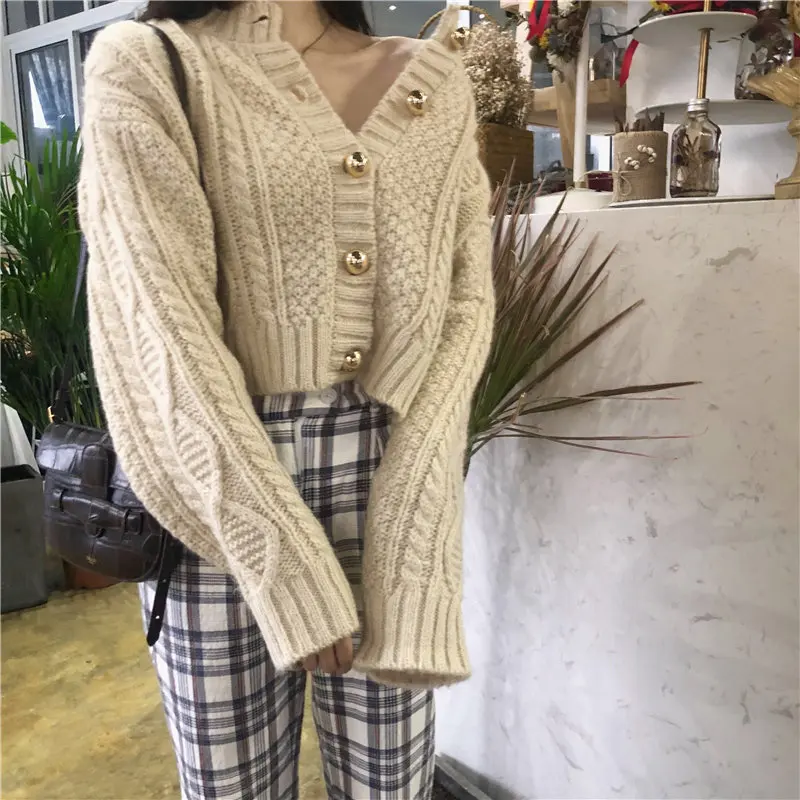 

Korea Vintage Elegant New Design Autumn Sweet Chic Women Short Sweaters All Match Brief Loose Cardigans Coats