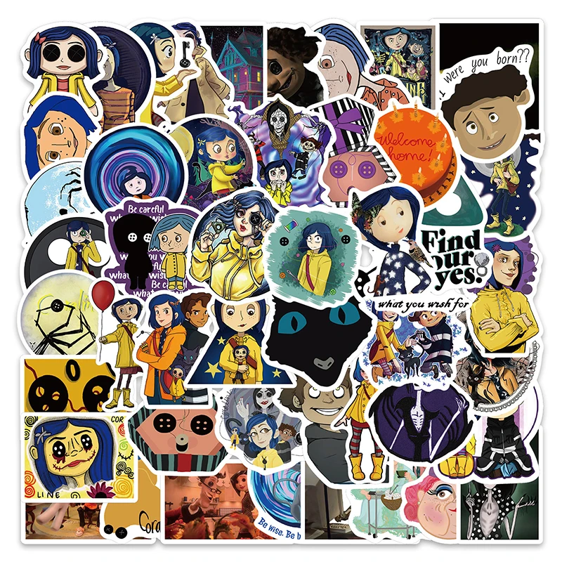 Calcoman&iacute;as de dibujos animados de pel&iacute;cula Coraline & The Secret Door, conjunto de 10/50 unids/set, pegatinas para equipaje, funda para rat&oacute;n, monopat&iacute;n, port&aacute;til-1