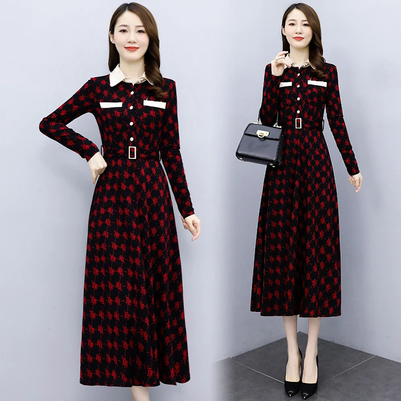 

Temperament Lady Long Dress Autumn Lapel Fashion Plaid Print High Waist Slim Plus Size Women Clothing Black Red