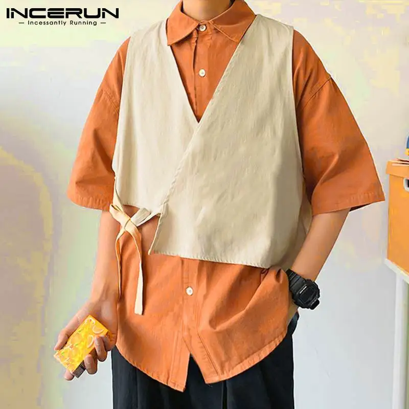 

INCERUN Fashion Men Patchwork Shirt Turn Down Collar Short Sleeve Personality Lace Up Shirts Streetwear 2021 Camisa Masculina