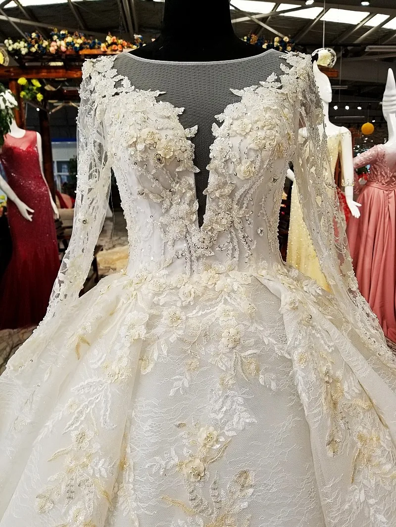 BGW HT4814 Ball Gown Champagne Wedding Dress 2020 O Neck Tulle Long Sleeve Bridal For Big Puffy Skirt Vestido Boda |